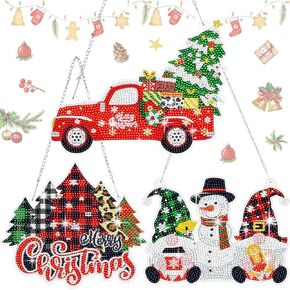 Cinnvoice 3 Pcs Christmas Diamond Painting Hanging Sign 5D Christmas Tree Gnome Snowman Diamond Art Wreath Kits for Adults Door Hanger for DIY Crafts Xmas Wall Front Door Decorations