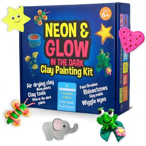 Funnerroo Air Dry Clay for Kids Age 6-12, 500g Air Dry Clay Kit, 12 Neon & 4 Glow in The Dark Paint, Modeling Clay for Kids, Clay Craft Sculpting Tools, Rhinestones, Wiggle Eyes, Gift for Boys & Girls