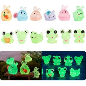 12Pcs Cute Luminous Mini Frogs Figurines and Adorable Mini Luminous Fat Bunny Animal Statues Glow-in-The-Dark Colorful DIY Resin Craft Accessories Mini Landscape Decorations Ornaments
