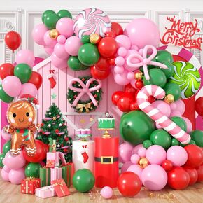 Christmas Balloon Garland Arch Kit,Red Green Pink Balloons with Gingerbread Man Crutch Lollipop Candy Metallic Gold Balloons for Christmas Party Decorations Xmas Eve New Year Holiday Party Supplies