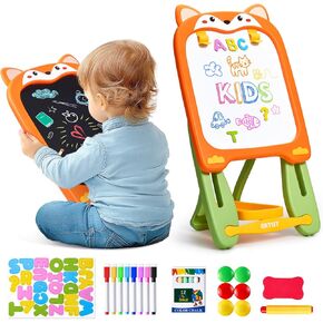 Adjustable Standing Art Easel with educatinal Accessories for Toddler&Kid,4-in-1 Double-Sided Magnetic Chalkboard&Whiteboard,Dry Eraser Board,Detachable&Portable,Birthday&Christmas Gift,Fox