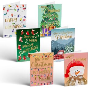 Better Office Products 50 Pack Christmas Cards Set with Gold Foil Accents, 4" x 6", Fun & Festive Designs, Blank Inside, Boxed Set