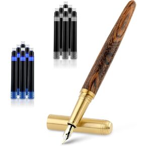 Amaxiu Wooden Fountain Pen Fine Point, Handcrafted Luxury Fountain Pen with 12 Pcs 2.6 mm Ink Cartridges Vintage Wood Fountain Pen Journaling Pen for Business Calligraphy Gifts(B)