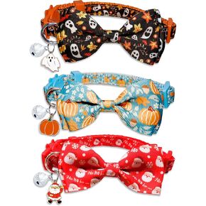 3 Pack Holiday Cat Collar with Bow and Bell, Halloween Thanksgiving Christmas Cat Collar for Boys and Girls Kitties Kittens