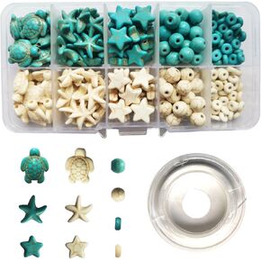 250pcs Ocean Beads Charms for Bracelets, Turtle Beads Starfish Beads Star Beads Round Beads Jewelry Making Kit DIY Craft, Mix Synthetic Turquoise Cute Beads for Bracelets Eearrings