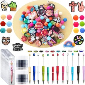 AryiHitt 214 Pcs Silicone Focal Beads Bulk for Pen Keychains Making Include 12 Beadable Pens 50 Focal Beads and 60 Silicone Beads for Bracelet Necklace DIY(Leisure)