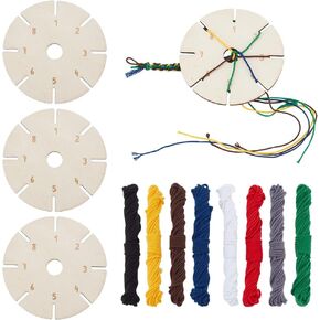 FINGERINSPIRE 4 Pcs Wood Round Bracelet Braiding Plate with 8 Colors Macrame Cotton Cords Plaited Disc Bracelet Tray Flat Round Bracelet Knitting Disk Bracelet Braiding Disc Set for Bracelet Making