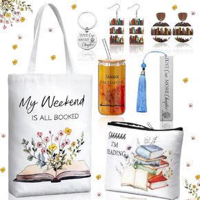 7 Pcs Book Lovers Gifts Set Book Makeup Bag Earrings Metal Bookmarks Keychain Glass Cup for Reader Gifts Accessories