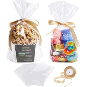 8"x 11" - 50PCS Flat Bottom Clear Cellophane Treat Bags with Golden Satin Ribbon | Goodie Bags for Gift Wrapping, Desserts, Candies, Cookies, Party Favors & Food Storage