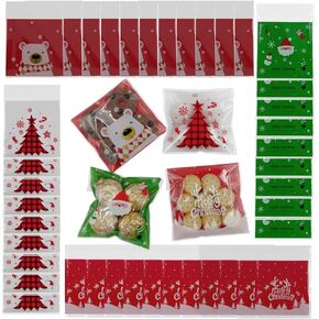 Suponey 200 Pcs Christmas Cookie Bags Christmas Cellophane Bags Santa Treat Bags Xmas Self Sealing Bags Christmas Gift Bags for Bakery Cookies Candies