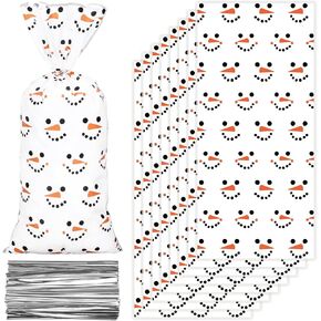 JarThenaAMCS 100Pcs Christmas Cellophane Treat Bag Cute Snowman Face Plastic Candy Cookie Bags Cello Goodie Bags with Twist Ties for Xmas Winter Party Favors