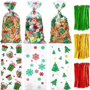 Boao 150 Pieces Christmas Cellophane Treat Bags Plastic Christmas Cello Bags with Twist Ties Clear Candy Goodies Bags for Xmas Party Supplies
