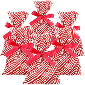 Tenare 100 Pieces Christmas Treat Bags Money Candy Cellophane Bag Loot Bags for Party with 22 Yards Beige Ribbon for Toy Party Favor Party Supplies, 6 x 9 Inch(Cute Style)