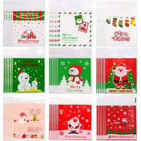 Kolewo4ever 300pcs Christmas Cellophane Bags Christmas Candy Bags Holiday Clear Treat Bags Self-adhesive Candy Cookie Bags Gift Cello Bags (Color Set 1)