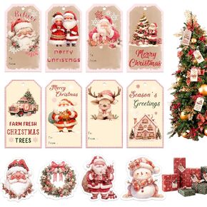 120Pcs Pink Vintage Christmas Gift Tags, Gift Tags for Christmas Presents, Merry Christmas Hanging Paper Tags with String Decor for Christmas Tree Christmas Winter Holiday Gift Labels Christmas Tags