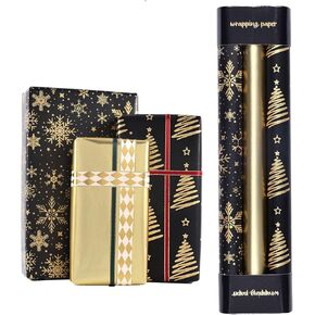 AEBORN Christmas Gift Wrapping Paper - 3 Rolls Black Gold Holiday Wrap Paper with Xmas Tree, Snowflakes and Metallic Foil for Gift Packaging -17 * 120 in/Roll