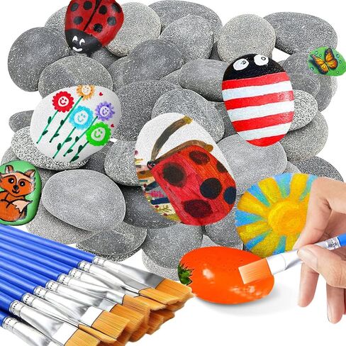 cssopenss 120 Pcs Painting Rocks, 2-3in River Rocks for Painting, 90 Chunk Rocks for Painting & 30Pcs Paint Brushes, Unique Stones for DIY Gifts Art Craft Decor in Saudi Arabia