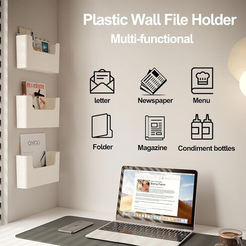 Wall Hanging File Folder Organizer No Drilling 3 pc Plastic Wall File Holder White Desk File Organizer Vertical Mail Organizer Wall Mounted Magazine Rack With Adhesive Pad Office Door Mailbox in Saudi Arabia