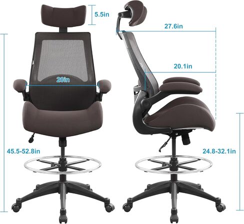 BOLISS 400lbs High Back Computer Office Drafting Chair Flip up Armrests Lumbar Support Adjustable Big Footrest Ring (Black) in Kuwait