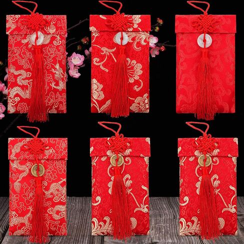 6 قطع من المظاريف الحريرية الحمراء الصينية Hongbao العنصر الصيني احتفالي أحمر هدية بطاقة مغلفات محظوظ المال التطريز المغلف مع عقدة للعام الجديد، الزفاف، عيد ميلاد in Saudi Arabia