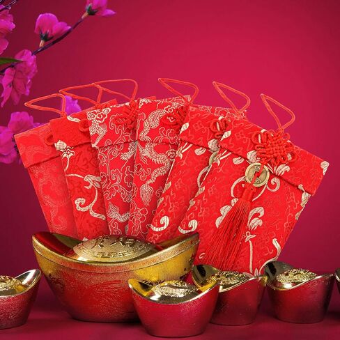 6 قطع من المظاريف الحريرية الحمراء الصينية Hongbao العنصر الصيني احتفالي أحمر هدية بطاقة مغلفات محظوظ المال التطريز المغلف مع عقدة للعام الجديد، الزفاف، عيد ميلاد in Saudi Arabia