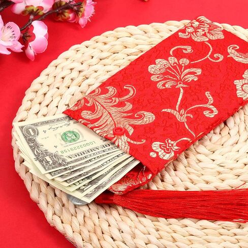 6 قطع من المظاريف الحريرية الحمراء الصينية Hongbao العنصر الصيني احتفالي أحمر هدية بطاقة مغلفات محظوظ المال التطريز المغلف مع عقدة للعام الجديد، الزفاف، عيد ميلاد in Saudi Arabia