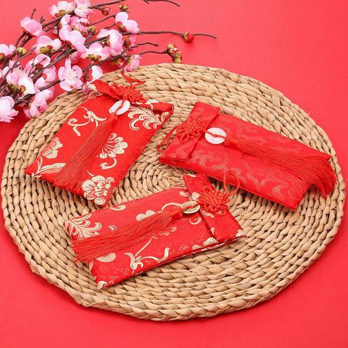6 قطع من المظاريف الحريرية الحمراء الصينية Hongbao العنصر الصيني احتفالي أحمر هدية بطاقة مغلفات محظوظ المال التطريز المغلف مع عقدة للعام الجديد، الزفاف، عيد ميلاد in Saudi Arabia