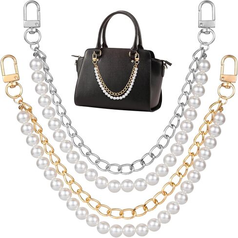 HINZIC 2Pcs Pearl Purse Chain Extender 10inch Black Gold Handbag Straps Cute Flower Metal Shoulder Crossbody Bags Short Handle Replacement Charms Accessories for Women in Saudi Arabia