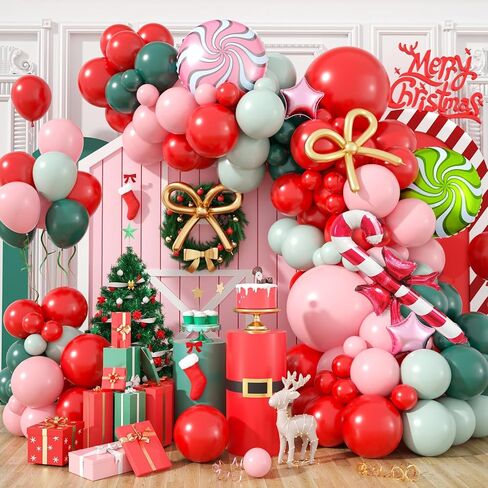 Christmas Balloon Arch Kit, Red Green Macaron Orange Pink Balloons with Lollipop Candy Cane Gingerbread Man Foil Balloons for Xmas Holiday Winter Birthday New Year Party Decorations in Saudi Arabia