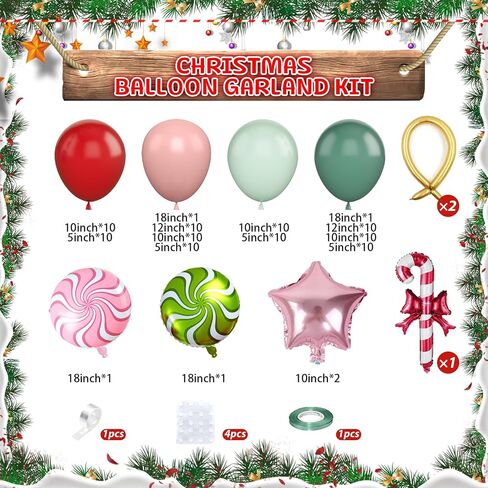Christmas Balloon Arch Kit, Red Green Macaron Orange Pink Balloons with Lollipop Candy Cane Gingerbread Man Foil Balloons for Xmas Holiday Winter Birthday New Year Party Decorations in Saudi Arabia