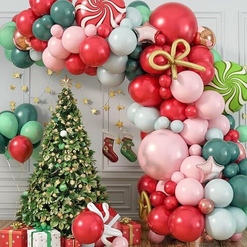 Christmas Balloon Arch Kit, Red Green Macaron Orange Pink Balloons with Lollipop Candy Cane Gingerbread Man Foil Balloons for Xmas Holiday Winter Birthday New Year Party Decorations in Saudi Arabia