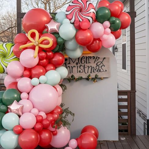 Christmas Balloon Arch Kit, Red Green Macaron Orange Pink Balloons with Lollipop Candy Cane Gingerbread Man Foil Balloons for Xmas Holiday Winter Birthday New Year Party Decorations in Saudi Arabia