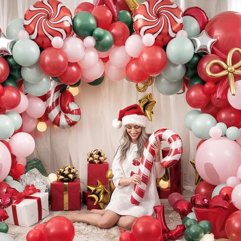 Christmas Balloon Arch Kit, Red Green Macaron Orange Pink Balloons with Lollipop Candy Cane Gingerbread Man Foil Balloons for Xmas Holiday Winter Birthday New Year Party Decorations in Saudi Arabia