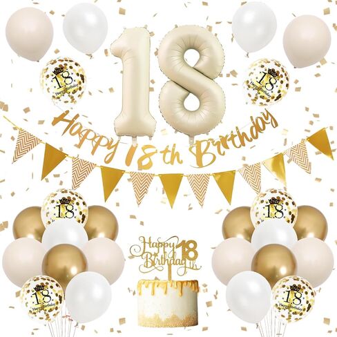 18th Birthday Decorations Sand White Gold,18th Birthday Balloons Beige Gold,Happy 18th Birthday Banner with Cake Toppers Number 18 Balloons for Girls Boys Birthday Party Decorations in Kuwait