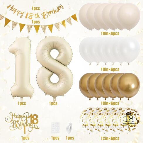 18th Birthday Decorations Sand White Gold,18th Birthday Balloons Beige Gold,Happy 18th Birthday Banner with Cake Toppers Number 18 Balloons for Girls Boys Birthday Party Decorations in Kuwait