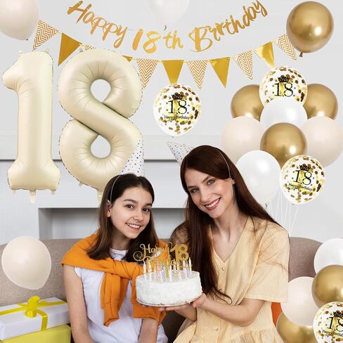 18th Birthday Decorations Sand White Gold,18th Birthday Balloons Beige Gold,Happy 18th Birthday Banner with Cake Toppers Number 18 Balloons for Girls Boys Birthday Party Decorations in Kuwait