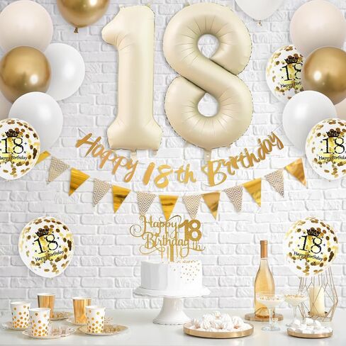 18th Birthday Decorations Sand White Gold,18th Birthday Balloons Beige Gold,Happy 18th Birthday Banner with Cake Toppers Number 18 Balloons for Girls Boys Birthday Party Decorations in Kuwait
