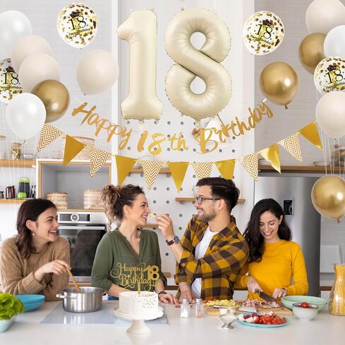 18th Birthday Decorations Sand White Gold,18th Birthday Balloons Beige Gold,Happy 18th Birthday Banner with Cake Toppers Number 18 Balloons for Girls Boys Birthday Party Decorations in Kuwait