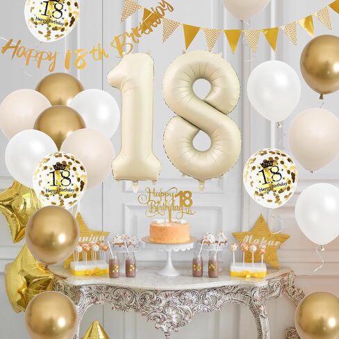 18th Birthday Decorations Sand White Gold,18th Birthday Balloons Beige Gold,Happy 18th Birthday Banner with Cake Toppers Number 18 Balloons for Girls Boys Birthday Party Decorations in Kuwait