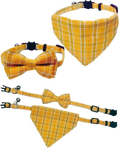 2 Pack Breakaway Cat Collars, Girl Boy Pet Kitten Collar with Bell, Removable Bow & Bandana, Plaid Pattern, and Safety Buckle (Adjustable 7.9"- 11", Yellow) in Saudi Arabia
