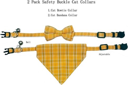 2 Pack Breakaway Cat Collars, Girl Boy Pet Kitten Collar with Bell, Removable Bow & Bandana, Plaid Pattern, and Safety Buckle (Adjustable 7.9"- 11", Yellow) in Saudi Arabia
