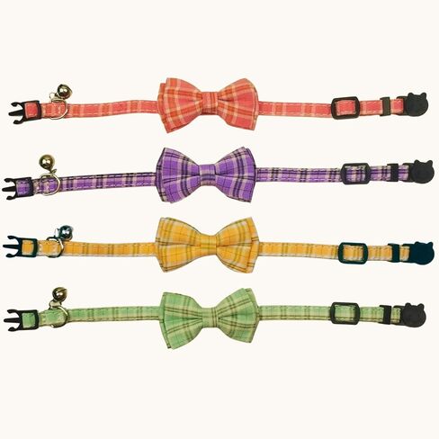 2 Pack Breakaway Cat Collars, Girl Boy Pet Kitten Collar with Bell, Removable Bow & Bandana, Plaid Pattern, and Safety Buckle (Adjustable 7.9"- 11", Yellow) in Saudi Arabia