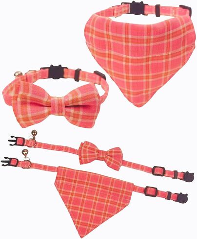 2 Pack Breakaway Cat Collars, Girl Boy Pet Kitten Collar with Bell, Removable Bow & Bandana, Plaid Pattern, and Safety Buckle (Adjustable 7.9"- 11", Yellow) in Saudi Arabia