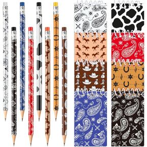 Teling 16 Pcs Western Cowboy Top Bound Spiral Notebook and Cowboy Pencils Bulk Small Notebook Pocket Notepad with Paisley Horse Cow Cowboy Hat Patterns for Kids Birthday Party Baby Shower, 8 Styles