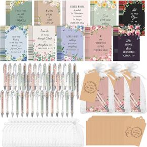 200 Pcs Bible Verse Sets Church Christian Gift Include 50 Scripture Notebooks 50 Bible Bamboo Pens 50 Thanks Tags 50 Organza Bags for Women Man Christian Party Gifts(White,Floral)