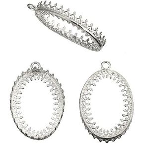 925 Sterling Silver 16x12mm Oval Connector Bezel Cup Trays with Decorative Crown Trim and 2 Rings Ideal for Pendants Earrings Keepsakes, Jewelry Making Supplies, 4 Pcs