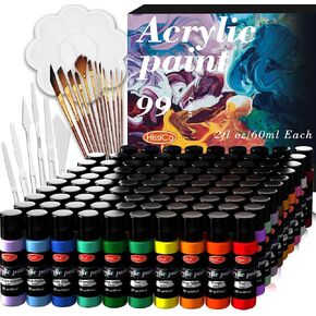 HissiCo 118PCS Acrylic Paint Set of 99 Colors 2fl oz 60ml Bottles with 12 Brushes 6 Paint Knives and Palette,Non Toxic Rich Pigment for Kids Adults Artists Canvas Crafts Wood Painting