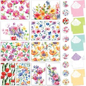 Decorably 50 Pack 6x4in Blank Floral Cards with Envelopes and Stickers, 10 Flower Designs Floral Note Cards, Blank Inside Notecards - Appreciation, Weddings