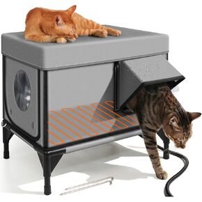 Heated Cat House for Outside,Extremely Insulated & Weatherproof in Winter,Elevated Outdoor Cat Shelter with Waterproof Eaves&Escape Door for Feral Stray Barn Cat(Dark Grey,S:16.70" Lx12.6 Wx15.7 Th)