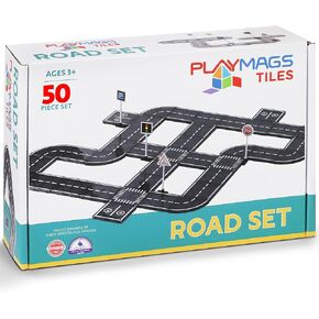 Playmags Magnetic Tiles Road Set - 50 Pcs STEM Educational Construction Toy Car Track, Building Blocks Magnet Toys for Toddlers, Safe for Ages 3+